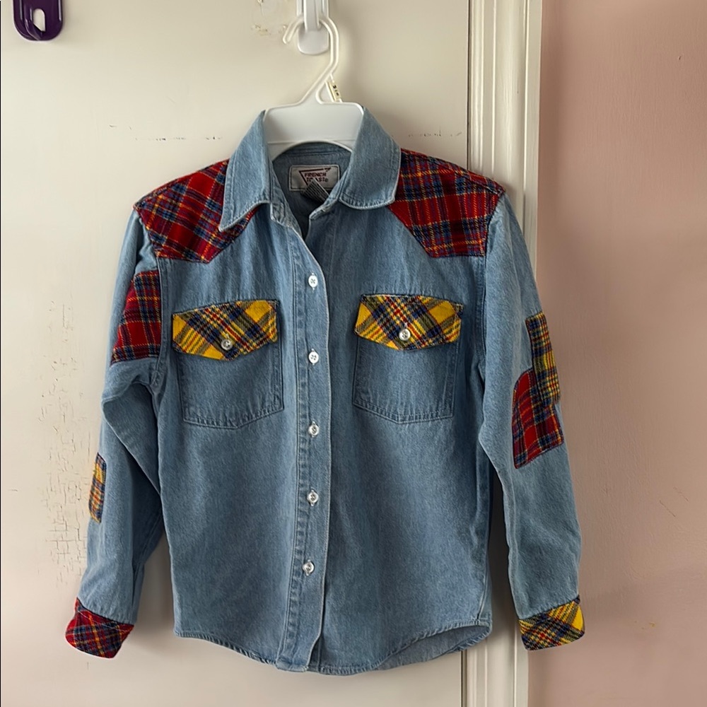 Girls Denim Shirt with Plaid Accents
